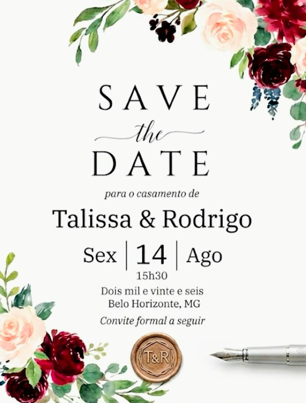 Save the Date — Talissa e Rodrigo, 14 de agosto de 2026